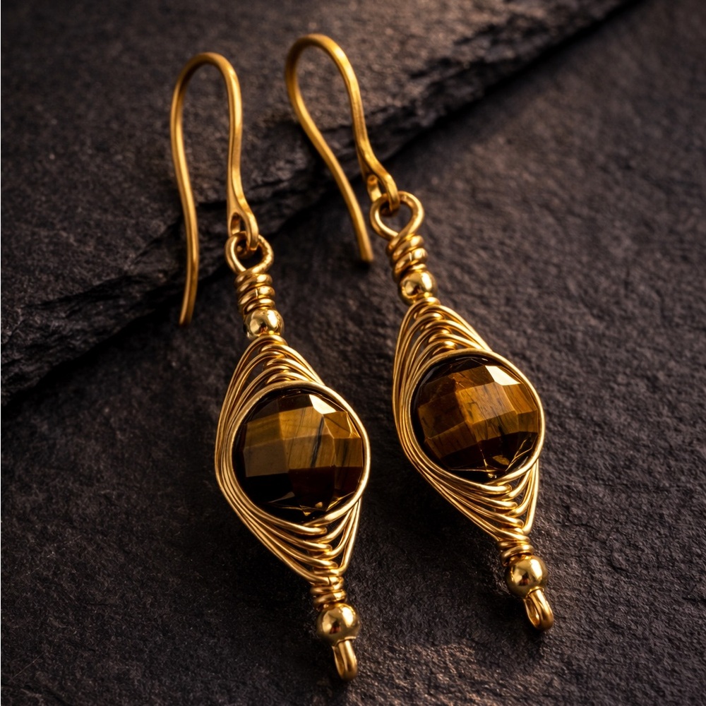 Wire Wrapped Tiger Eye Drop Earrings - Earthy Artisan Jewelry